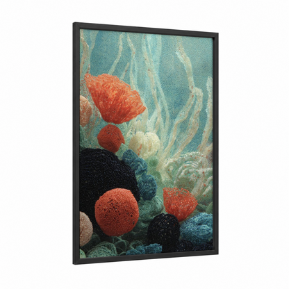 Coral Reef Beadwork framed art print — black wood frame — teal and red palette