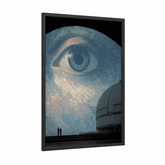 Cosmic Eye Dome framed art print — black wood frame — dark blue and peach palette