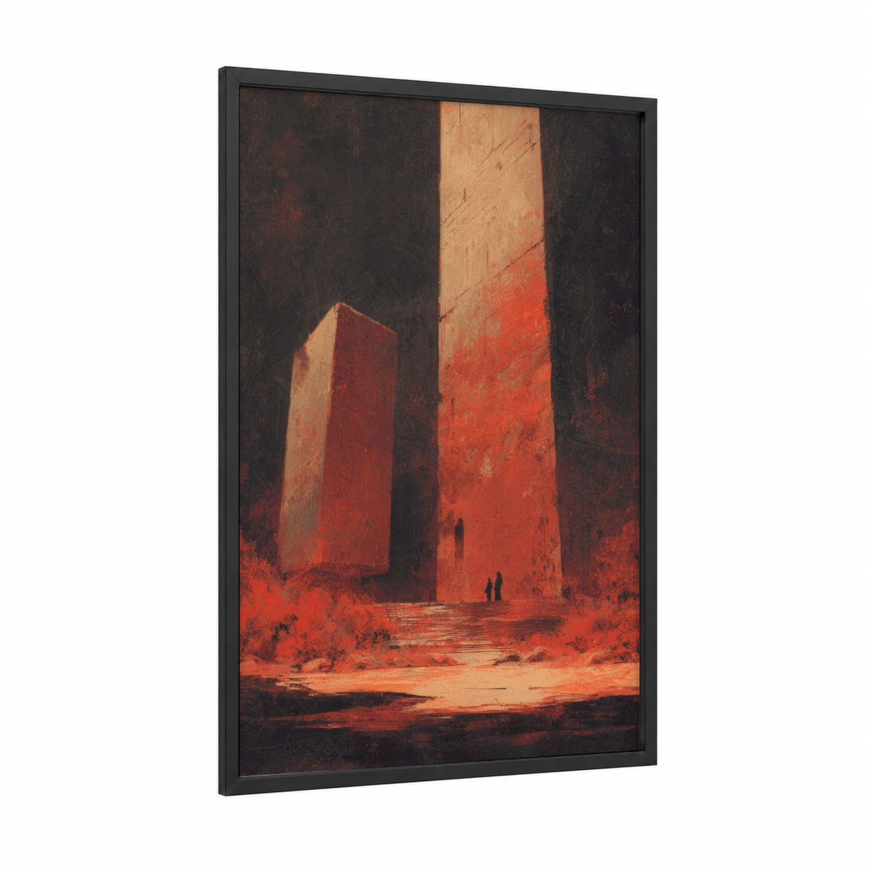 Crimson Tower Ruins framed sci-fi print — black wood frame — red and black palette