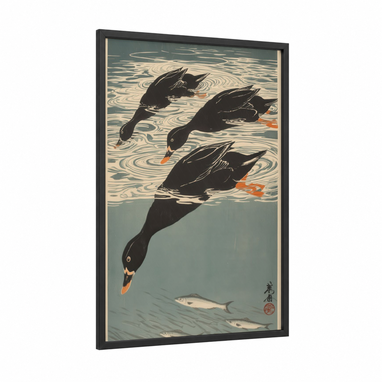 Swimming Ducks Pair framed art print — black wood frame — black and white and dove gray palette
