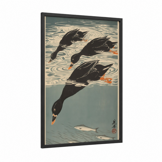 Swimming Ducks Pair framed art print — black wood frame — black and white and dove gray palette
