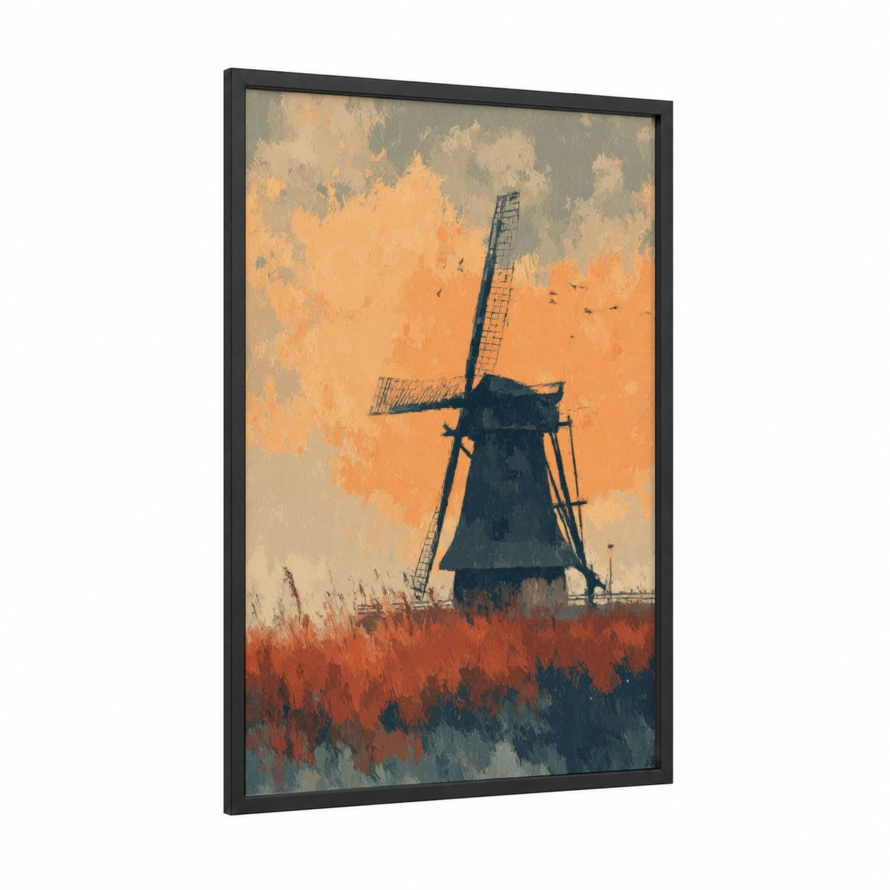 Golden Windmill framed windmills print — black wood frame — gold and orange palette