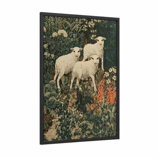 Pastoral Sheep Trio framed art print — black wood frame — cream and dark green palette