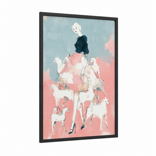 Chic Llama Fashion framed women's fashion print — black wood frame — salmon pink and blue and white palette