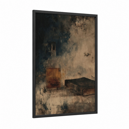 Vintage Whiskey Study framed art print — black wood frame — brown and black and white palette
