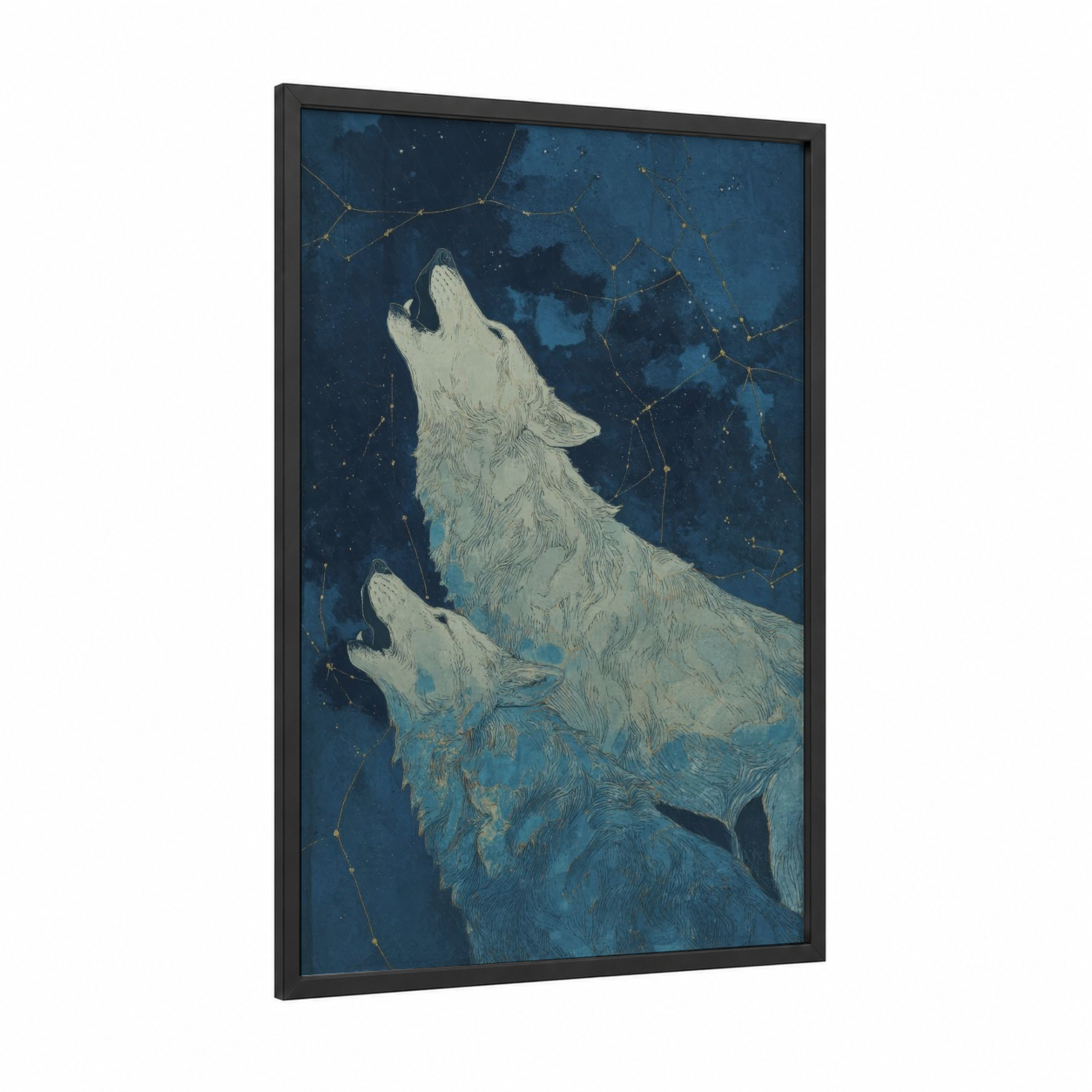 Celestial Wolf Pair framed art print — black wood frame — blue and gold and white palette