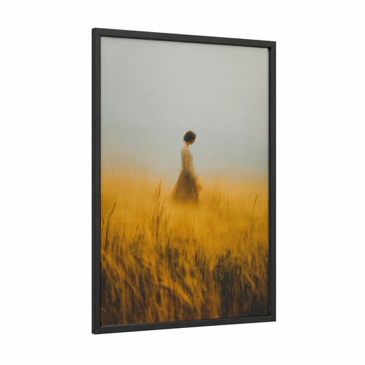 Golden Grain Field framed art print — black wood frame — gold and cream palette