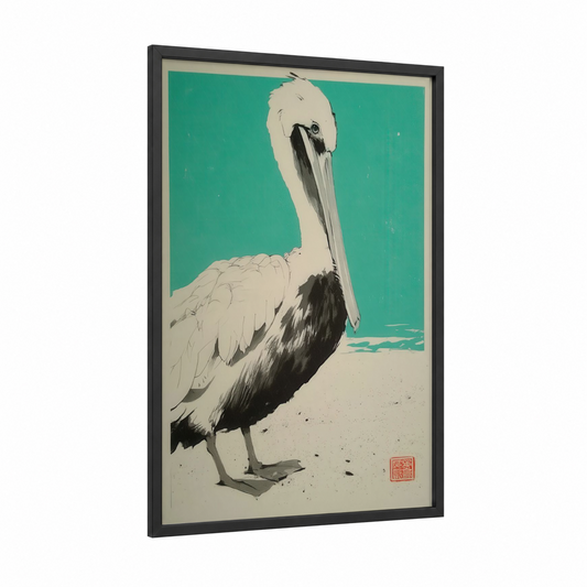 Coastal Pelican framed art print — black wood frame — teal and white palette