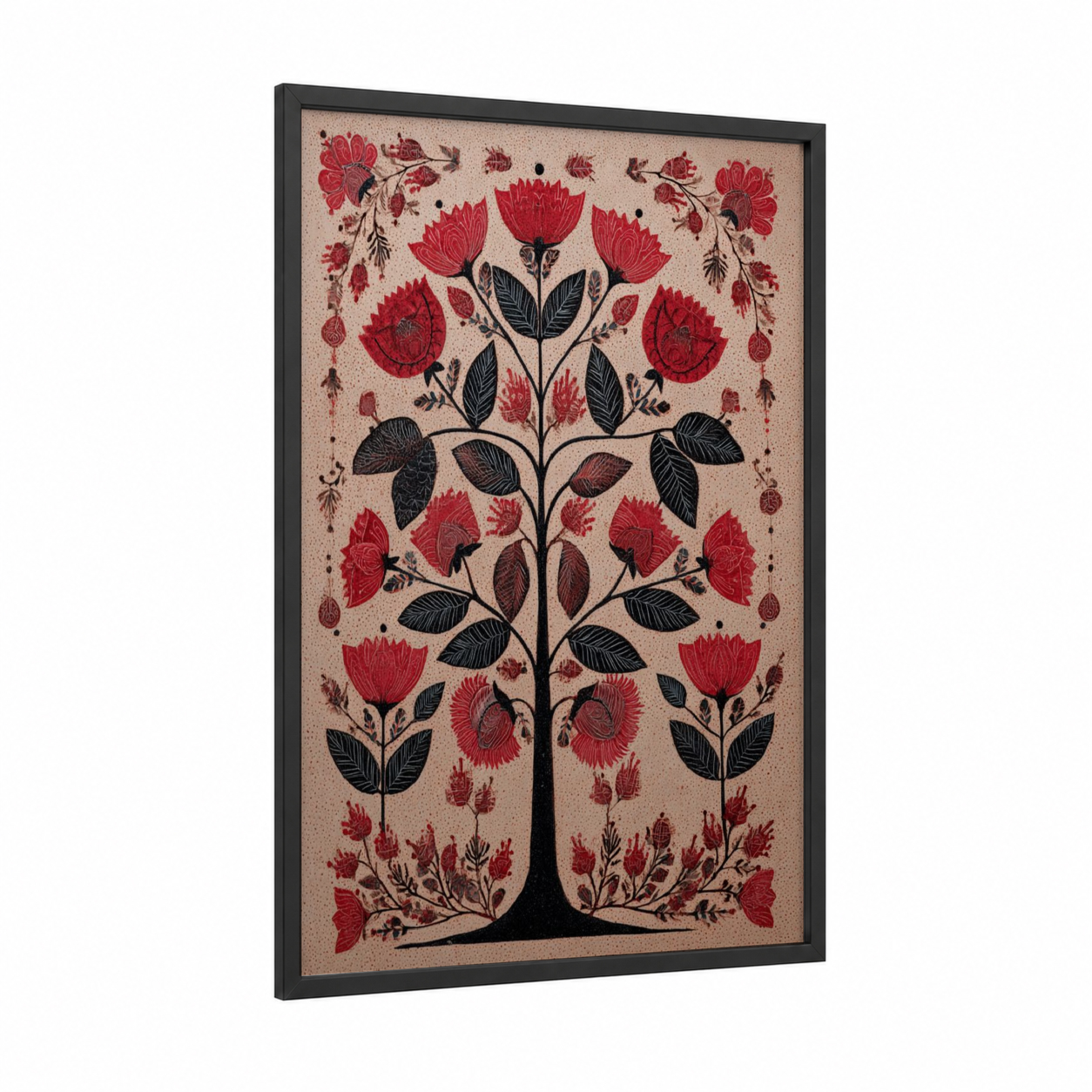 Crimson Botanical Tree framed abstract flower print — black wood frame — red and black palette
