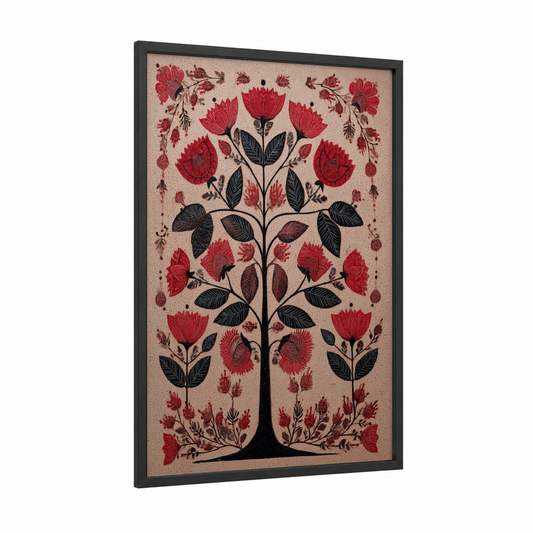 Crimson Botanical Tree framed abstract flower print — black wood frame — red and black palette