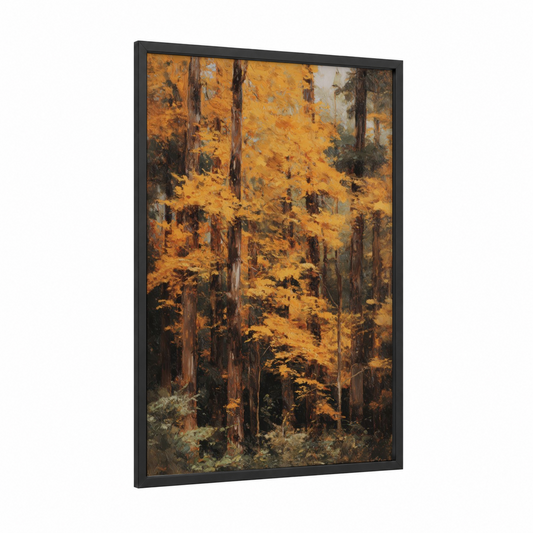 Golden Kauri Forest framed kauri tree print — black wood frame — yellow gold and brown palette