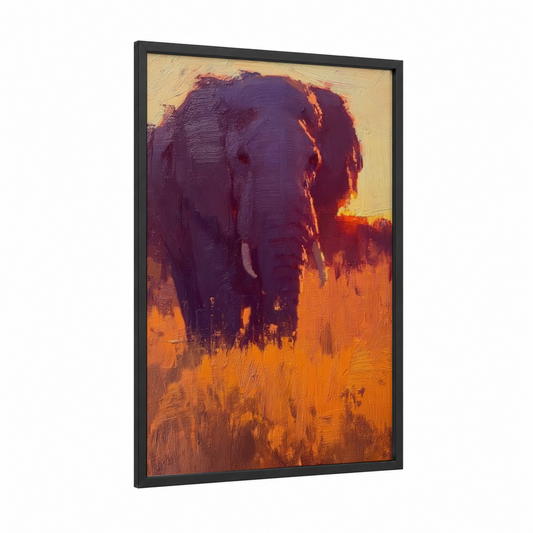 Golden Savanna Elephant framed art print — black wood frame — orange and maroon palette
