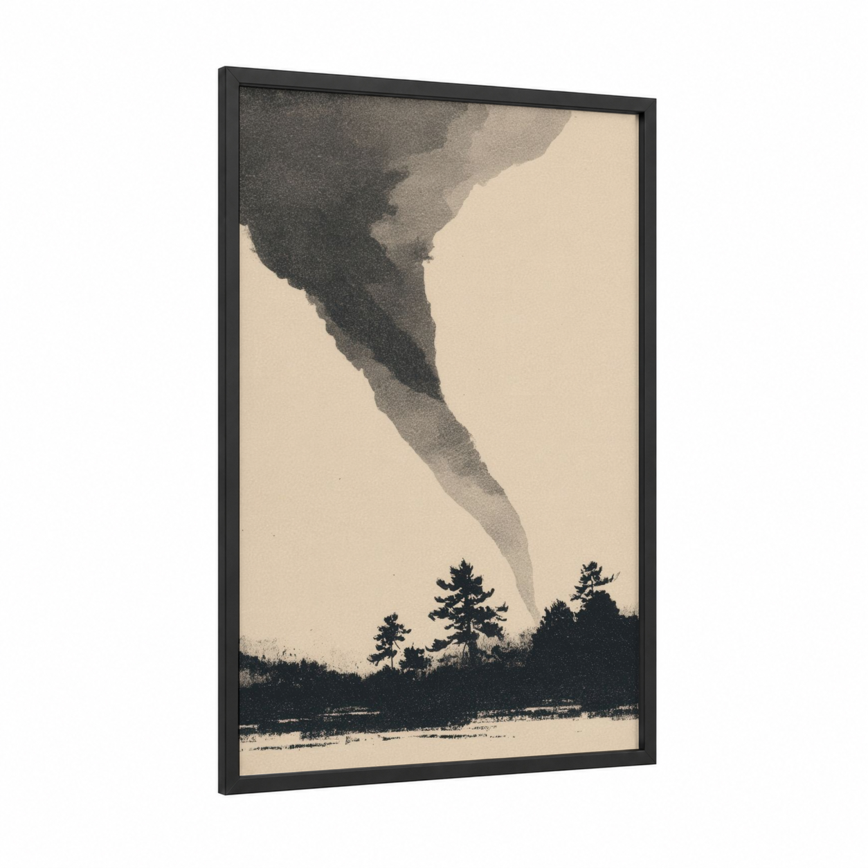 Dark Tornado framed art print — black wood frame — black and white and cream palette