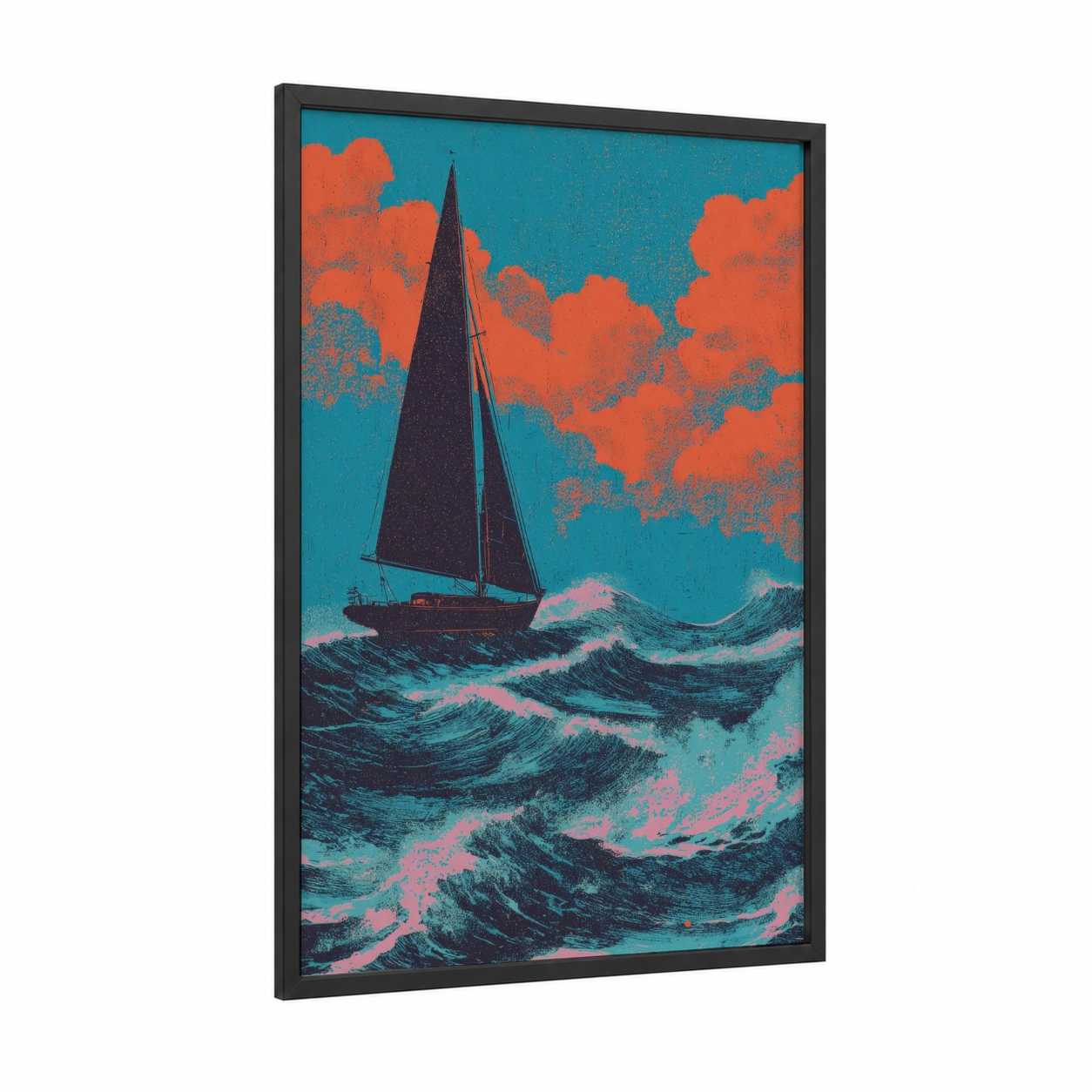 Stormy Seas Sailor framed sailing ship print — black wood frame — teal and orange palette