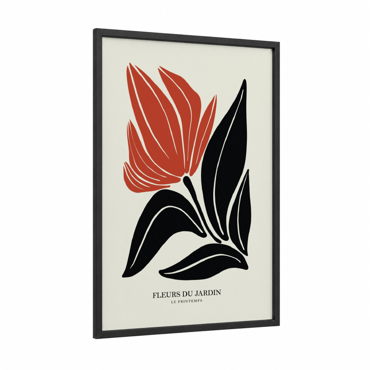 Crimson Garden Bloom framed abstract flower print — black wood frame — red and black palette