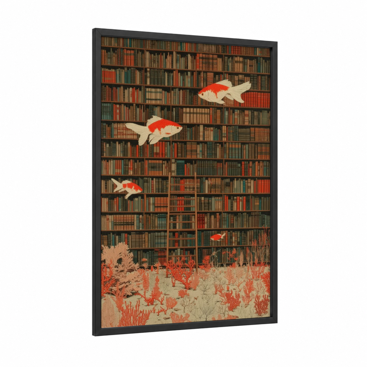 Library Goldfish framed art print — black wood frame — red and cream palette