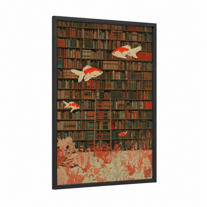 Library Goldfish framed art print — black wood frame — red and cream palette