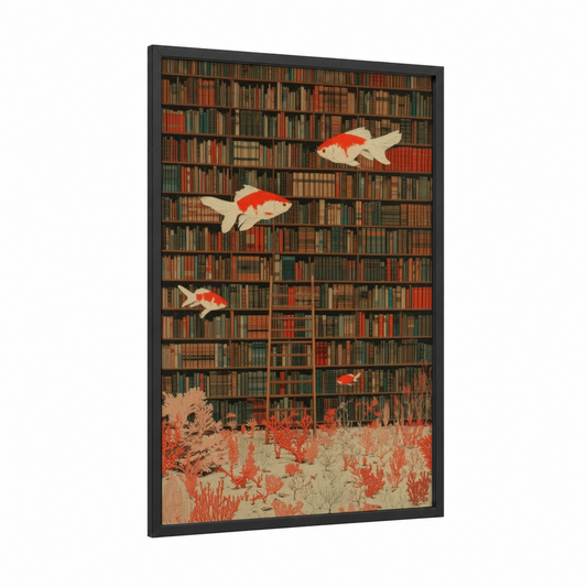 Library Goldfish framed art print — black wood frame — red and cream palette