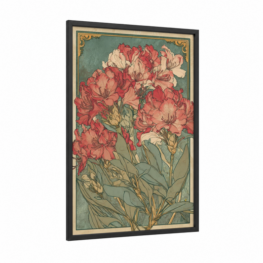 Coral Rhododendron framed art print — black wood frame — salmon pink and sage green palette