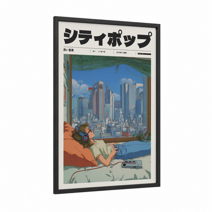 City Dreams Anime framed anime and manga print — black wood frame — blue and orange palette