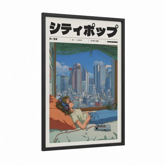 City Dreams Anime framed anime and manga print — black wood frame — blue and orange palette