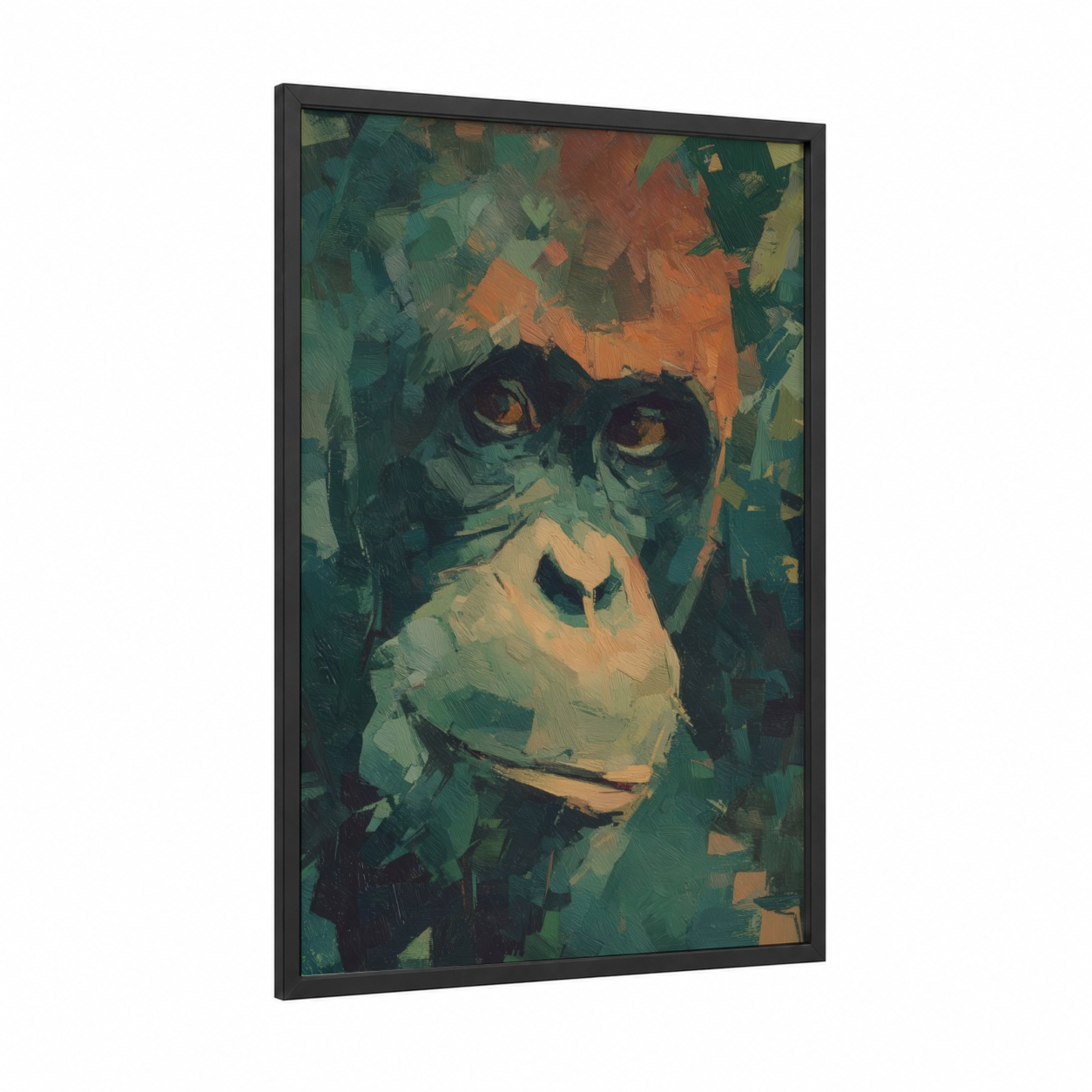 Contemplative Orangutan framed art print — black wood frame — teal and orange palette