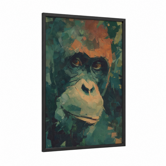 Contemplative Orangutan framed art print — black wood frame — teal and orange palette