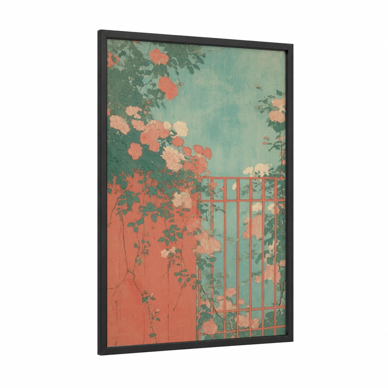 Garden Gate Romance framed art print — black wood frame — salmon pink and sage green palette