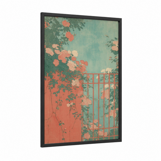 Garden Gate Romance framed art print — black wood frame — salmon pink and sage green palette