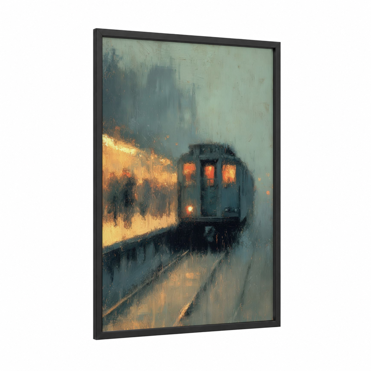 Misty Subway Train framed art print — black wood frame — gray and gold palette