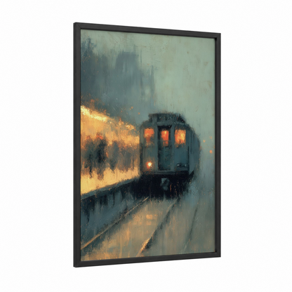 Misty Subway Train framed art print — black wood frame — gray and gold palette