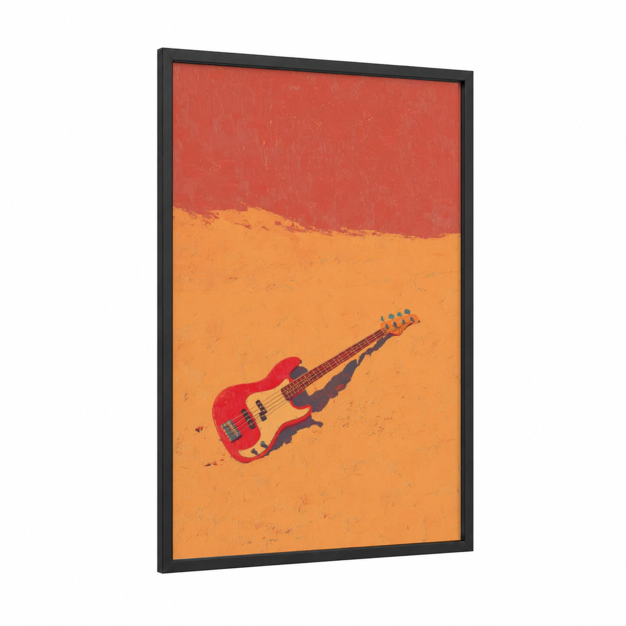 Desert Bass Guitar framed art print — black wood frame — red and orange palette