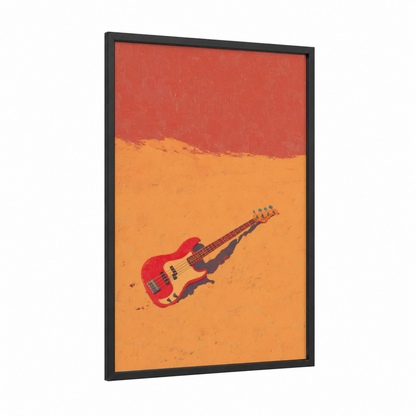 Desert Bass Guitar framed art print — black wood frame — red and orange palette