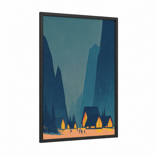 Mountain Ski Lodge framed skiing print — black wood frame — teal and gold palette