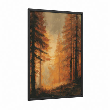 Autumn Cedar Forest framed art print — black wood frame — gold and brown palette