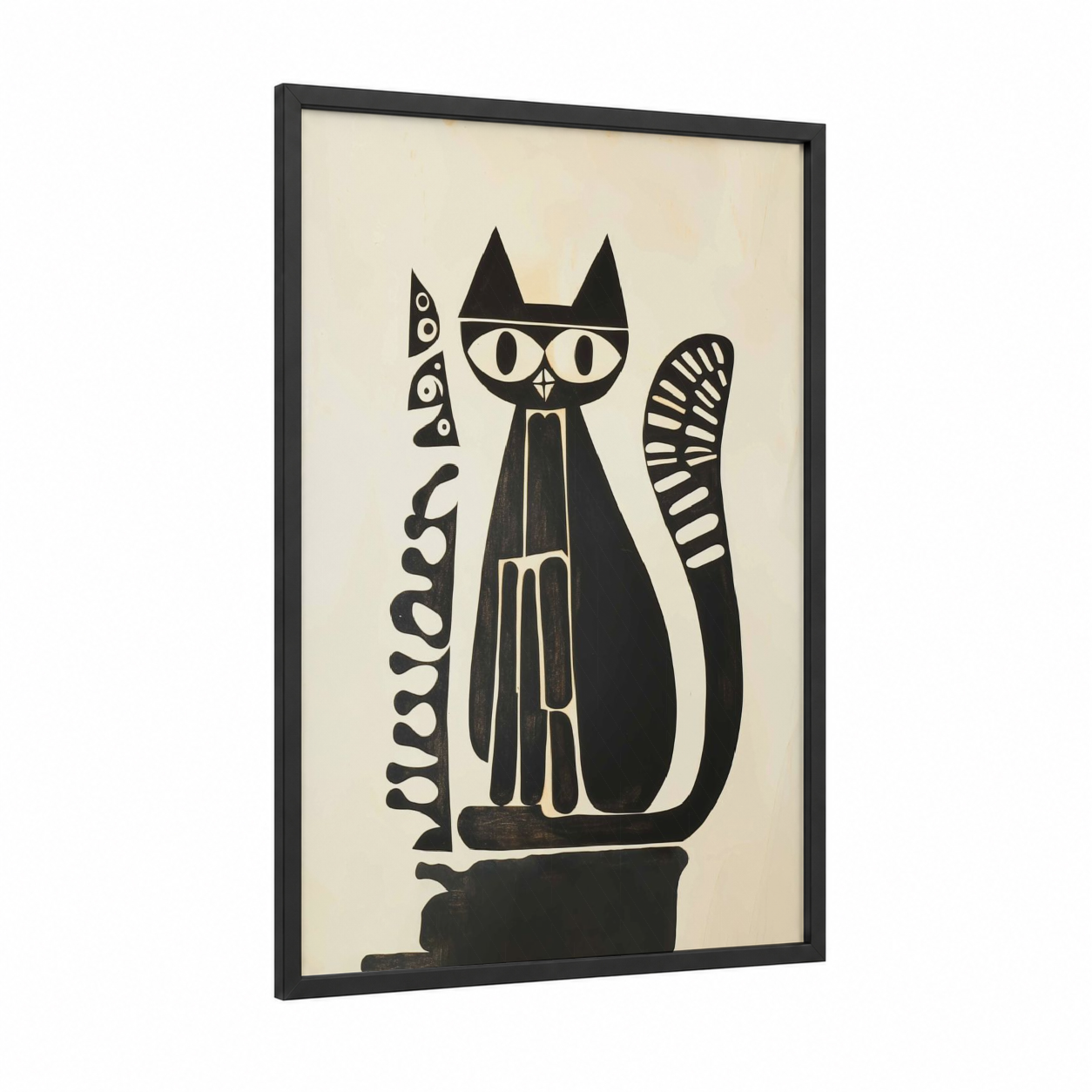 Mod Cat Glasses framed art print — black wood frame — black and white and cream palette