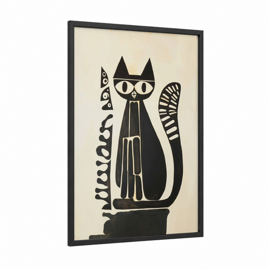 Mod Cat Glasses framed art print — black wood frame — black and white and cream palette