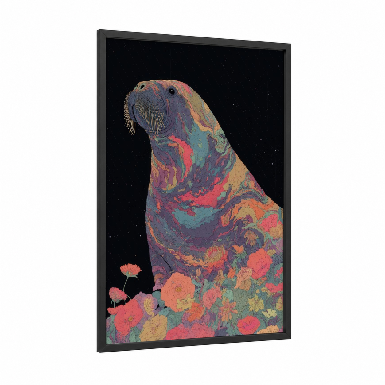 Cosmic Walrus framed art print — black wood frame — gold and teal palette
