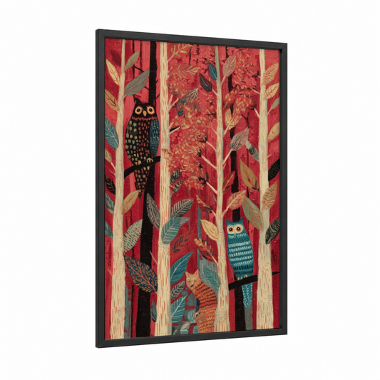 Autumn Redwood Forest framed redwood tree print — black wood frame — red and gold palette