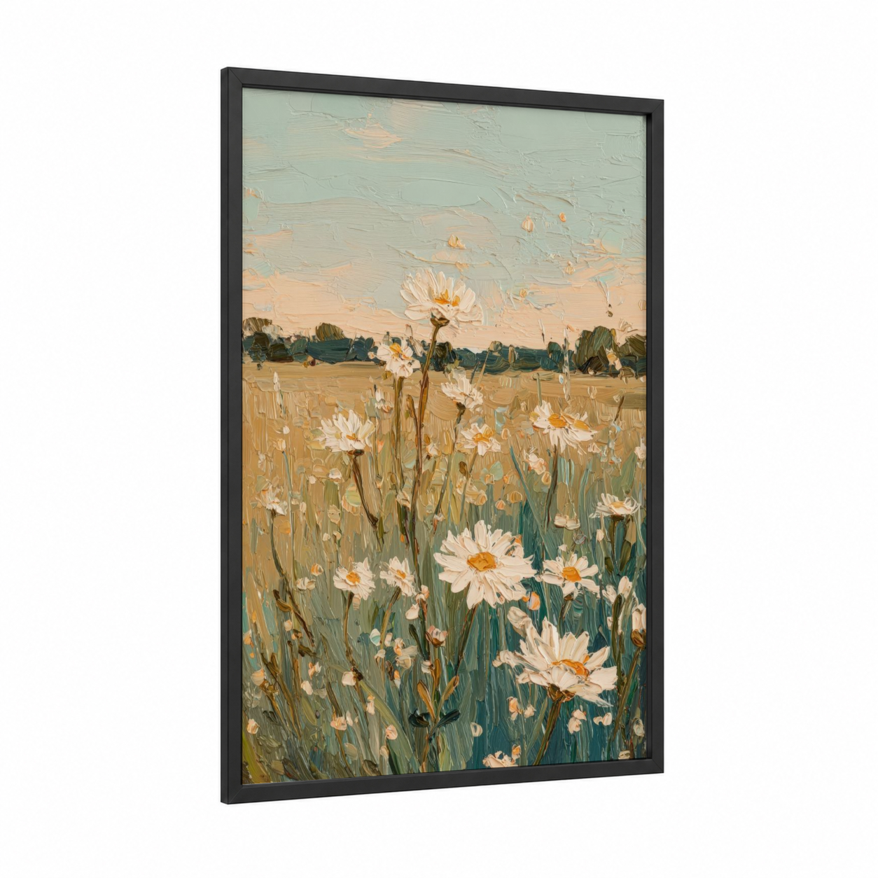 Sunlit Daisy Field framed art print — black wood frame — cream and sage green palette
