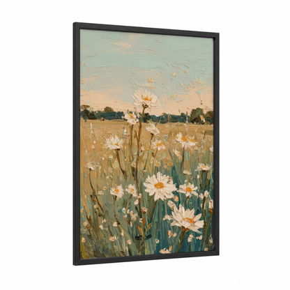 Sunlit Daisy Field framed art print — black wood frame — cream and sage green palette