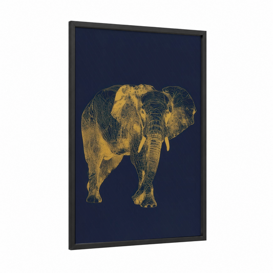 Golden Savanna Elephant framed art print — black wood frame — gold and dark blue palette