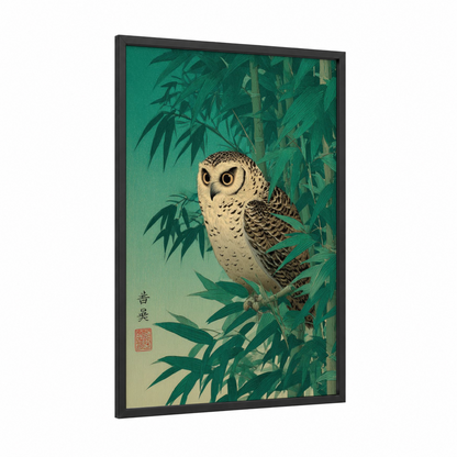 Bamboo Owl framed art print — black wood frame — true green and cream palette