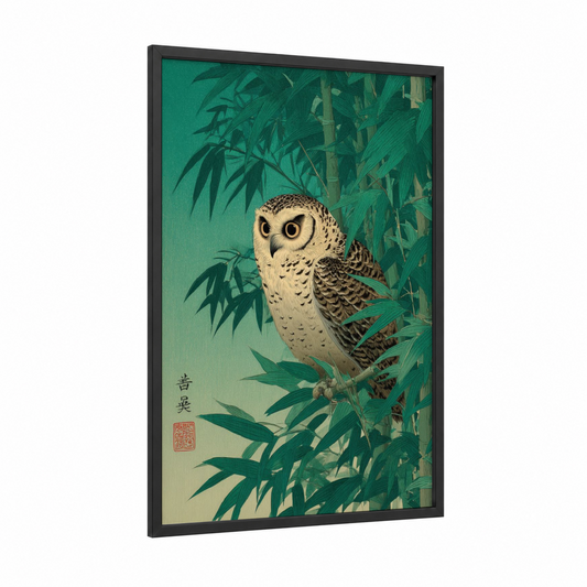 Bamboo Owl framed art print — black wood frame — true green and cream palette