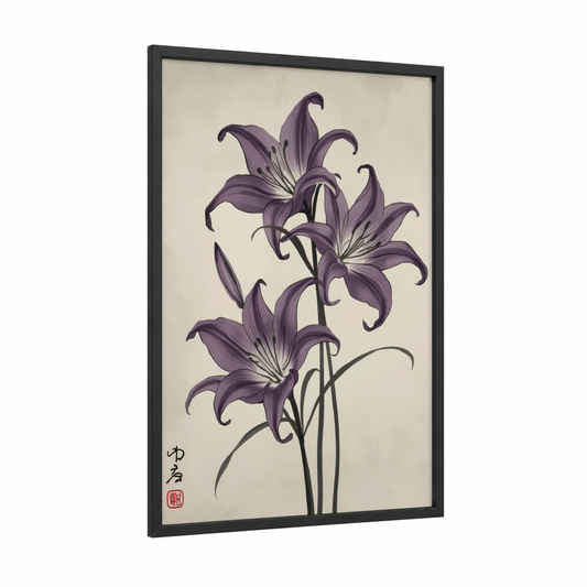 Purple Amaryllis Trio framed amarillys print — black wood frame — purple and cream palette