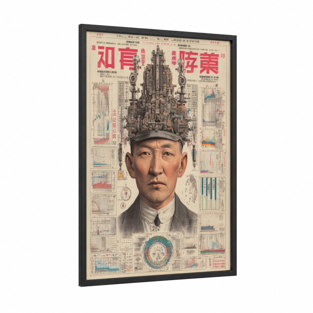 Industrial Mind Blueprint framed blueprints print — black wood frame — gold and blue palette