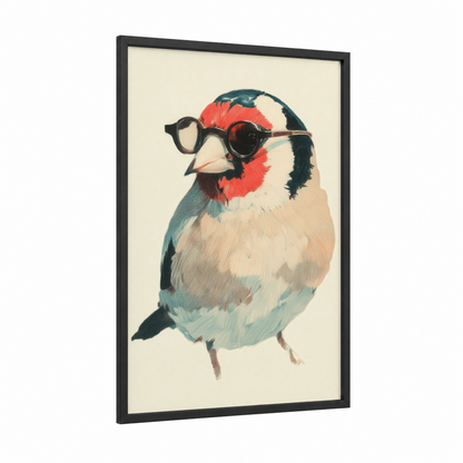 Spectacled Finch framed art print — black wood frame — cream and teal palette