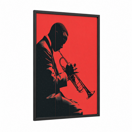 Jazz Trumpet Player framed musician print — black wood frame — red and black palette