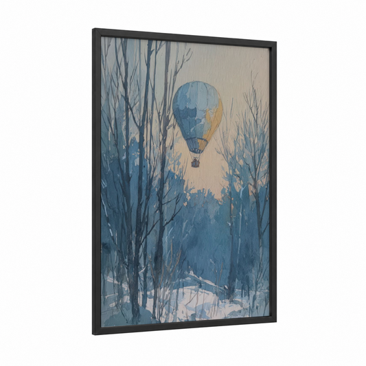 Snowy Forest Ascent framed hot air baloon print — black wood frame — blue and white and cream palette