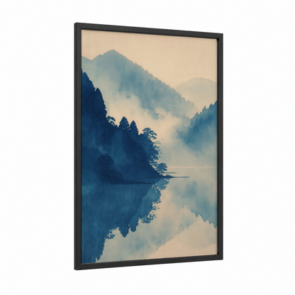 Misty Mountain Lake framed art print — black wood frame — blue and white and cream palette